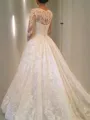 Ball Gown Scoop Cathedral Train Lace Wedding Dresses With Ruffles