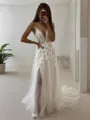 A-Line/Princess V-neck Court Train Tulle Wedding Dresses With Leg Slit