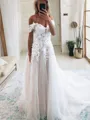A-Line/Princess Off-the-Shoulder Cathedral Train Tulle Wedding Dresses With Appliques Lace