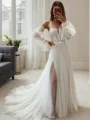 A-Line/Princess Straps Court Train Tulle Wedding Dresses With Leg Slit