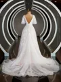 A-Line/Princess V-neck Court Train Tulle Wedding Dresses with Appliques Lace
