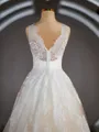 A-Line/Princess V-neck Sweep Train Tulle Wedding Dresses with Appliques Lace
