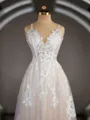 A-Line/Princess V-neck Sweep Train Lace Wedding Dresses with Appliques Lace