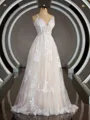 A-Line/Princess V-neck Sweep Train Lace Wedding Dresses with Appliques Lace