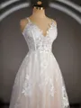 A-Line/Princess V-neck Sweep Train Lace Wedding Dresses with Appliques Lace