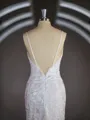 Sheath/Column V-neck Sweep Train Lace Wedding Dresses with Appliques Lace