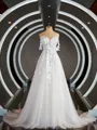 A-Line/Princess Off-the-Shoulder Chapel Train Tulle Wedding Dresses with Appliques Lace
