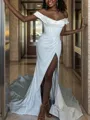 Sheath Off-the-Shoulder Pleated Cathedral Train Corset Wedding Dress
