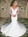 Mermaid Scoop Long Sleeves Appliques Lace Cathedral Train Stretch Crepe Wedding Dress