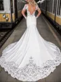 Mermaid Scoop Long Sleeves Appliques Lace Cathedral Train Stretch Crepe Wedding Dress