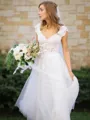 A-Line/Princess V-neck Sweep Train Tulle Wedding Dresses With Bow