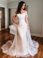 Sheath Off-the-Shoulder Pleated Chapel Train Corset Wedding Dress