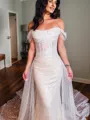 Sheath Off-the-Shoulder Pleated Chapel Train Corset Wedding Dress