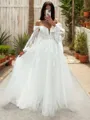 A-line Off-the-Shoulder Long Sleeves Appliques Lace Floor-Length Tulle Corset Wedding Dress