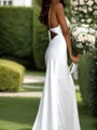 Sheath/Column NS Elastic Woven Satin Ruched Spaghetti Straps Sweep Train Sleeveless Wedding Dresses