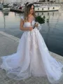 A-Line/Princess Off-the-Shoulder Chapel Train Tulle Wedding Dress