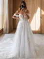 A-line Sweetheart Appliques Lace Chapel Train Tulle Corset Convertible Wedding Dress