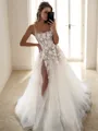 A-line Square Appliques Lace Floor-Length Tulle Corset Wedding Dress