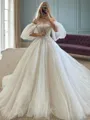 Ball-Gown Off-the-Shoulder Short Sleeves Appliques Lace Cathedral Train Tulle Wedding Dress