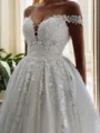 A-line Off-the-Shoulder Appliques Lace Cathedral Train Tulle Wedding Dress