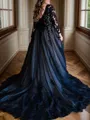 Ball-Gown V-neck Chapel Train Tulle Long Sleeves V Back Wedding Dresses