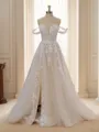 A-line Tulle Off-the-Shoulder Appliques Lace Chapel Train Wedding Dress