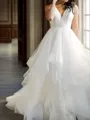 A-line V-neck Cascading Ruffles Court Train Tulle Wedding Dress