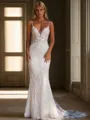 Sheath V-neck Appliques Lace Court Train Tulle Wedding Dress