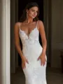 Sheath V-neck Appliques Lace Court Train Tulle Wedding Dress