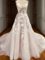 A-line Sweetheart Appliques Lace Cathedral Train Tulle Corset Wedding Dress