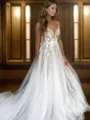 A-line V-neck Appliques Lace Chapel Train Tulle Wedding Dress