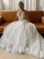 A-line V-neck Appliques Lace Court Train Tulle Wedding Dress
