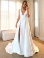 A-line V-neck Court Train Satin Wedding Dress
