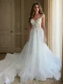 A-line Sweetheart Appliques Lace Cathedral Train Tulle Wedding Dress