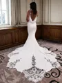 Mermaid V-neck Appliques Lace Cathedral Train Stretch Crepe Wedding Dress