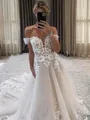 A-line Sweetheart Appliques Lace Chapel Train Tulle Corset Wedding Dress