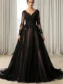 A-line V-neck Long Sleeves Appliques Lace Court Train Tulle Wedding Dress
