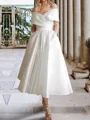 A-line Off-the-Shoulder Pleated Tea-Length Satin Wedding Dress