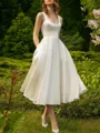 A-line Straps Tea-Length Satin Wedding Dress