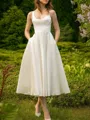 A-line Straps Tea-Length Satin Wedding Dress