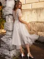 A-line Scoop Short Sleeves Appliques Lace Tea-Length Tulle Wedding Dress