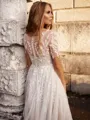 A-line Scoop Short Sleeves Appliques Lace Tea-Length Tulle Wedding Dress
