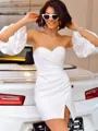 Sheath Sweetheart Short Sleeves Pleated Short/Mini Satin Wedding Dress