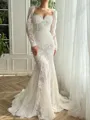 Sheath/Column Lace Sweetheart Long Sleeves Court Train Wedding Dress