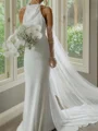 Sheath Halter Court Train Satin Chiffon Wedding Dress