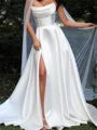A-line Straight Pleated Court Train Satin Corset Wedding Dress