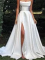 A-line Straight Pleated Court Train Satin Corset Wedding Dress