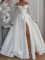 A-line Off-the-Shoulder Long Sleeves Appliques Lace Floor-Length Satin Corset Wedding Dress