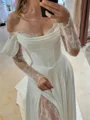 A-line Off-the-Shoulder Long Sleeves Appliques Lace Chapel Train Stretch Crepe Corset Wedding Dress
