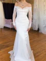 Sheath Off-the-Shoulder Long Sleeves Appliques Lace Sweep Train Charmeuse Corset Wedding Dress